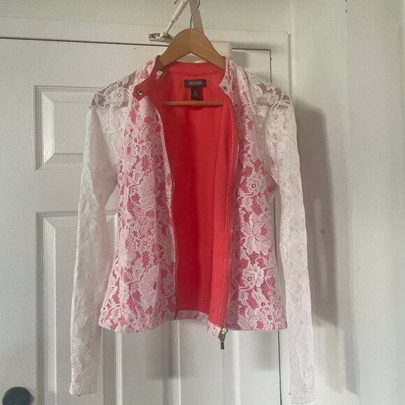 Kenneth Cole Reaction White Lace Blazer Zip Jacket Pink Lining Size Small - Picture 5 of 7